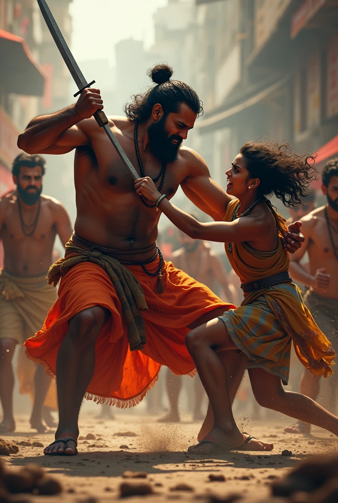 Common Hindu man killing a Hindu using sword