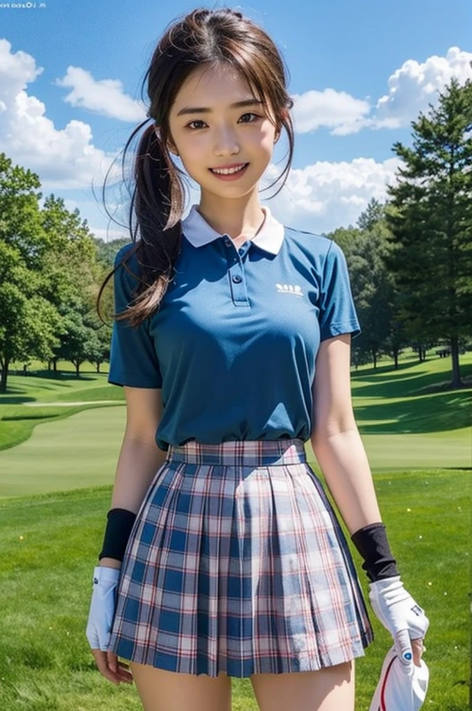 Highly detailed CG Unity 8K wallpapers, With the highest quality, Very detailed, masterpiece, Realistic, Realistic photos, Very detailedかわいい女の子, alone、thin, (タイトなGolf Wear) , (Golf Mini Flare Skirt) , (Wearing golf gloves)、smile , thin body, ((Large Breasts))、Viewers watch, Full Body Shot , Golf course , Sun visor, ponytail,Japanese women、light makeup、Baby Face、セクシー
