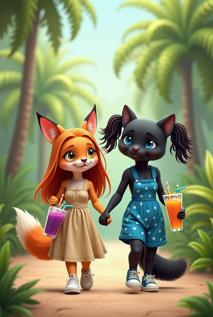 Cute anthropomorphic orange fox of small stature in a dark beige full-length sundress. The fox has long orange hair that reaches the floor.. Fox shoes white sneakers. A fox holds a sling with a grape cocktail and a straw in its paw. Next to her is a cute anthropomorphic black panther the size of a fox., The panther has blue eyes. The panther has a hairstyle of two long ponytails. The panther is dressed in a bright blue short mini sundress with white polka dots. Panther shoes blue sneakers. Panther holds a sling with a mango cocktail and a straw in its paw. They walk holding paws along a path in a palm forest.. The fox is wearing a beige floor-length dress, and the panther has a bright blue mini sundress.