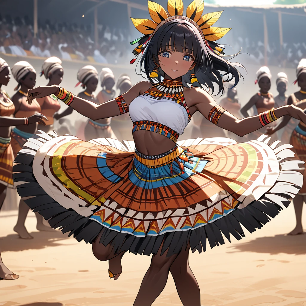 ((Highest quality)), ((masterpiece)), (detailed), (Perfect Face)、The woman is Aoki Reika, a Ghanaian with black skin and medium-long hair, and is a dancer of the indigenous people of Ghana, Africa.、A woman is dancing an African native tribal dance in Ghanaian native African tribal dance costume and with a Ghanaian hairstyle