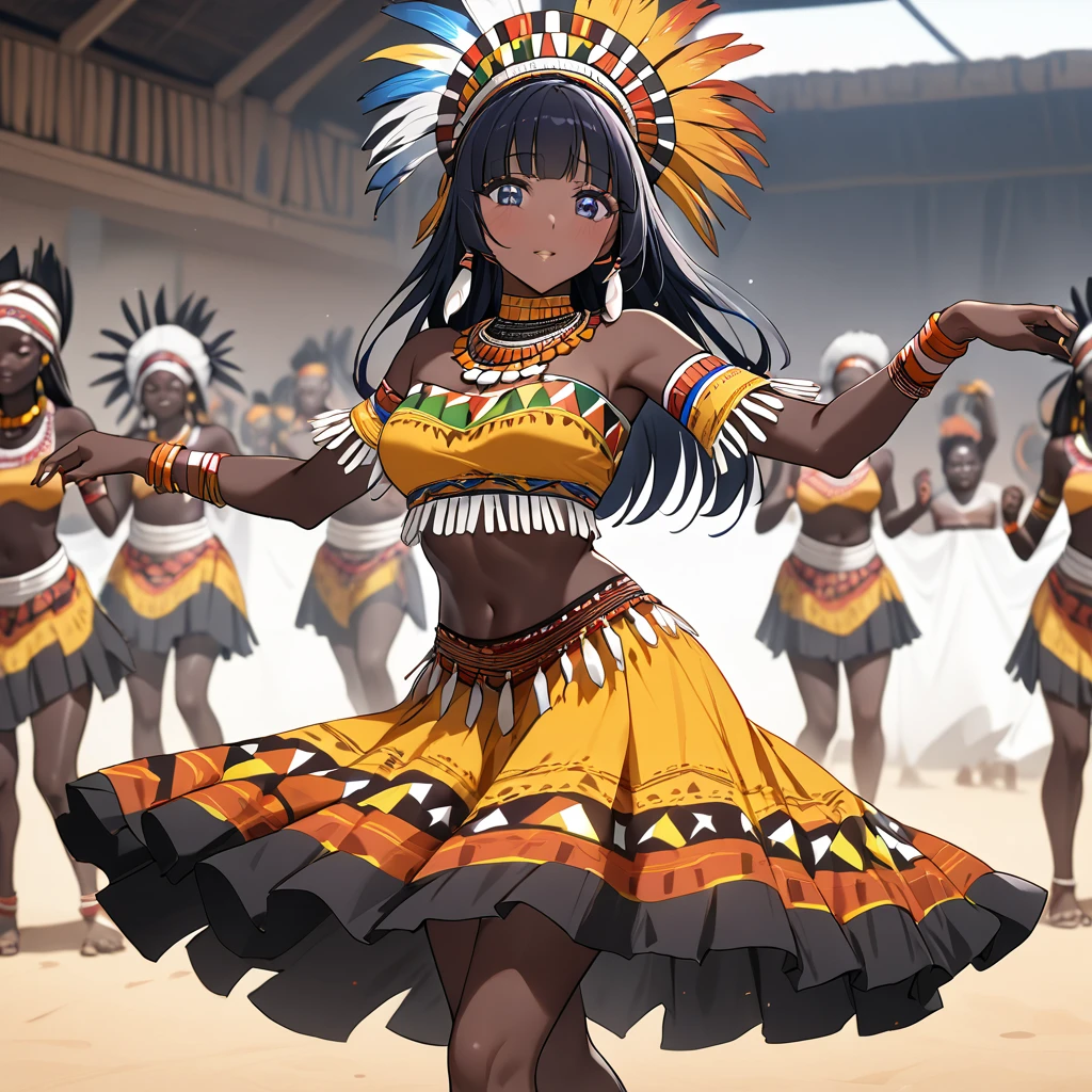((Highest quality)), ((masterpiece)), (detailed), (Perfect Face)、The woman is Aoki Reika, a Ghanaian with black skin and medium-long hair, and is a dancer of the indigenous people of Ghana, Africa.、A woman is dancing an African native tribal dance in Ghanaian native African tribal dance costume and with a Ghanaian hairstyle