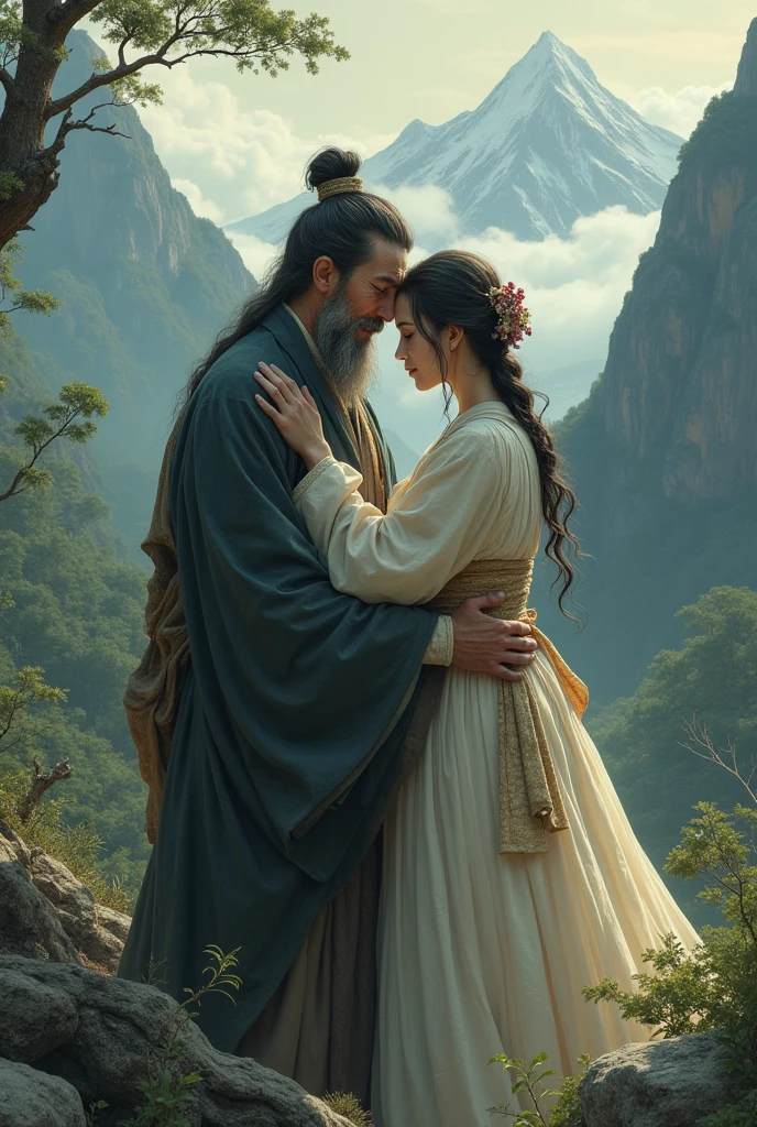 Japanese　long ago々　A young princess and an old peasant man and woman are hugging each other and crying　god々The era of　Deep in the mountains