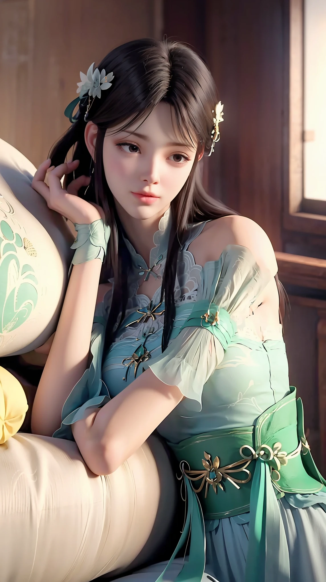 Japanese anime character style、A beautiful, voluptuous and stunning girl, 18-year-old, A gentle smile with eyes looking up, Black Messy Fishtail Braid, (Exquisite porcelain doll,Delicate clothing with lots of frills and ribbons), Starry sky beachside、colorful bright flowers、Bright green houseplant、Colorful spotlight photoshoot, (Close-up from chest up), Captivating look, View your viewers