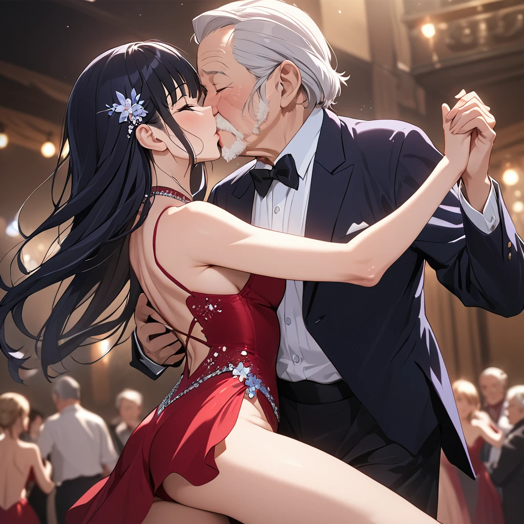 ((Highest quality)), ((masterpiece)), (detailed), (Perfect Face)、The woman is Reika Aoki with semi-long hair、The woman is wearing a beautiful, gorgeous tango costume and is dancing tango passionately while kissing an old man.