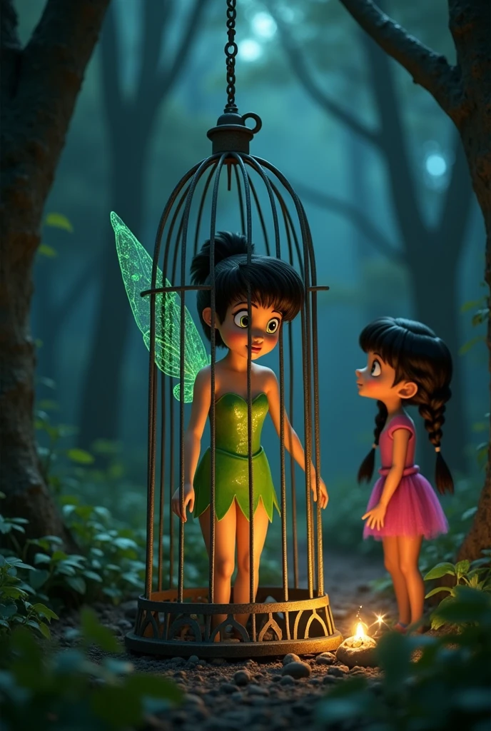 pixar image, tinkerbell exactly like the original, green dress, but with black hair, brown skin, dark shaped eyes, trapped in a cage with fear, with a Pixar girl looking at her from afar, behind tinkerbell , Out of the cage, with pink dress, two braids in the hair, maroon hair, dark shaped eyes, Caucasian skin,Florest dark, with tinkerbell light points bigger than the