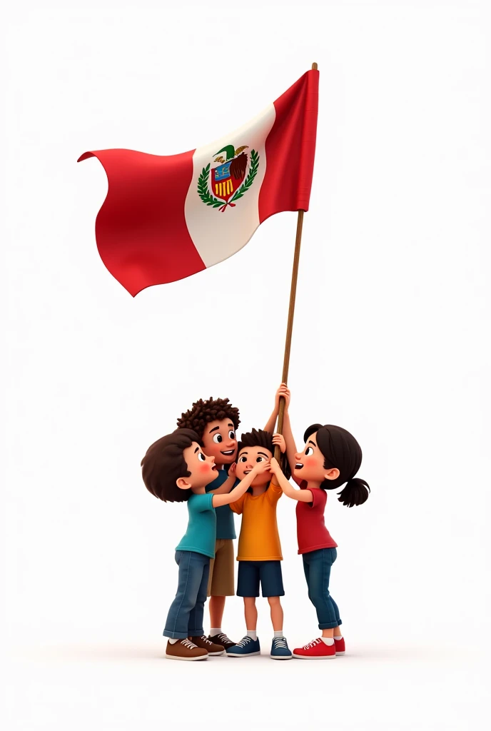 I NEED YOU TO CREATE AN IMAGE WITH A WHITE BACKGROUND WHERE WHITE CHILDREN CAN BE SEEN, MORENOS AND TRIGEÑOS RAISING THE LESS WITH THE PERUVIAN FLAG, colombia, ecuador, SPAIN AND HONDURAS
