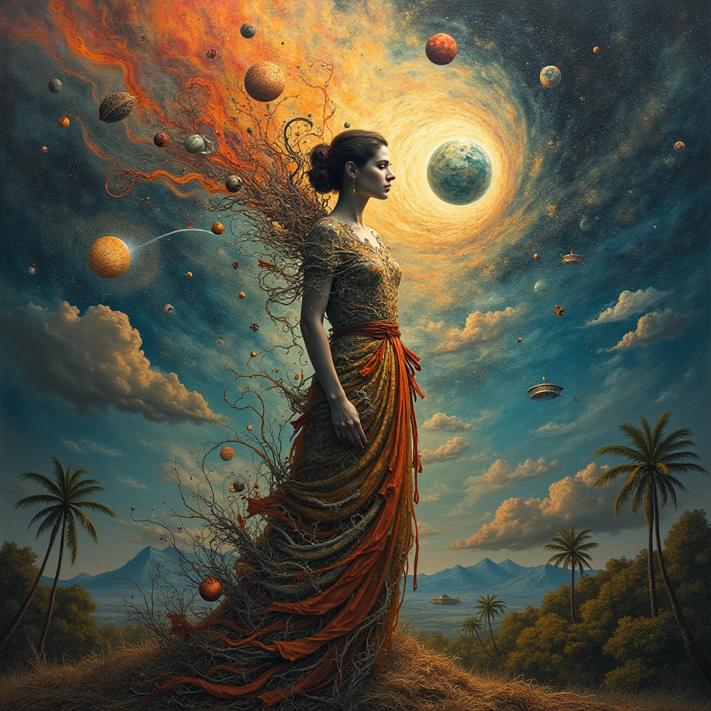 Adda Barrios' "Woman and Reality" is a piece that explores the concept of reality, delving into the essence of what is real versus what is imagined or hypothetical. The artwork juxtaposes different layers of existence, capturing the complexity of reality as it is perceived, questioned, and understood within the universe. Through the figure of a woman, the piece encapsulates the vast spectrum of reality, from the tangible to the abstract, the known to the unknown.