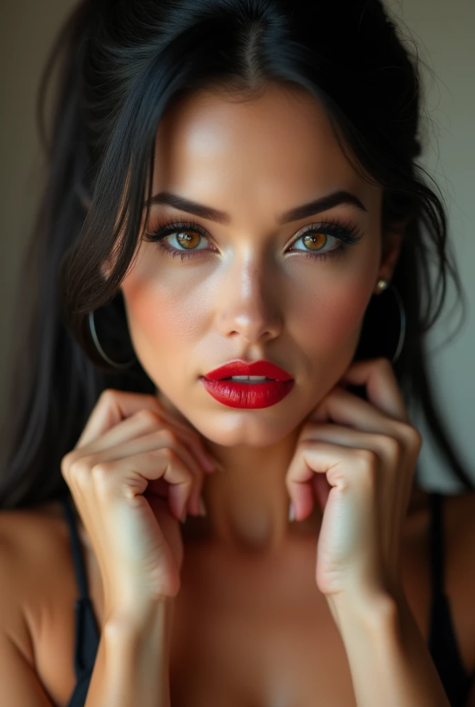 1girl, black eyes, black hair, breasts, brown eyes, cleavage, closed mouth, eyelashes, forehead, grey eyes, lips, long hair, looking at viewer, makeup, nose, photorealistic, realistic, red lips, solo, upper body