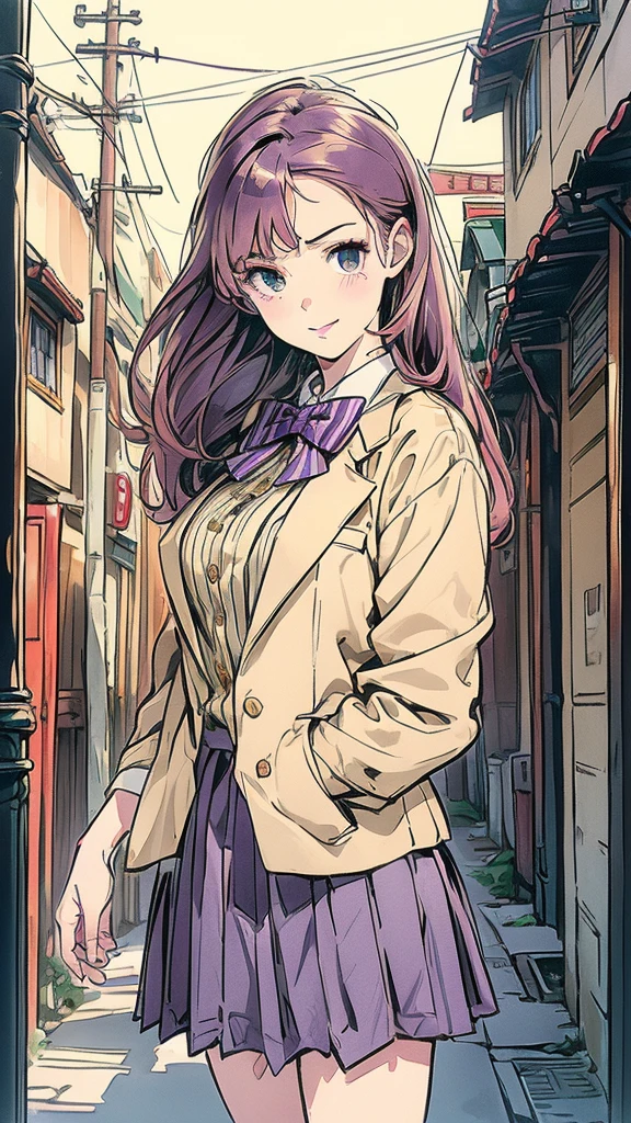 (masterpiece:1.3, Highest quality, Ultra-high resolution, Super detailed), (Realistic, photoRealistic:1.4), Beautiful illustrations, Perfect lighting, Natural light, colorful, Depth of written boundary, 
View your viewers, Cowboy Shot, Front view, 1 girl, Japanese, high school girl, Perfect Face, Cute and symmetrical face, Glowing Skin, 
(Long Hair:1.2, ((Both sides up:1.2)), Purple Hair), break, Emerald green eyes, (Large Breasts:0.8, Captivating thighs), thin, 
Beautiful Hair, Beautiful Face, Beautiful attention to detail, Beautiful clavicle, Beautiful body, Beautiful breasts, Beautiful thighs, Beautiful feet, Beautiful fingers, 
((private , Red pleated skirt with gold lines, white blouse shirt, (Beige blazer with purple stripes, Close Blazer), Red bow tie), Red hair ribbon), 
(Beautiful views), evening, (Outdoor), Are standing, , (Cute smile, Upward glance, Open your mouth), 