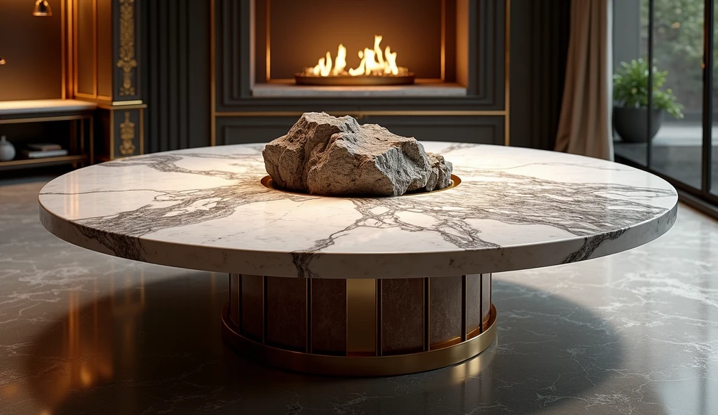 Draw a round dining table,Accommodates 30 people,There is a rockery in the middle of the dining table,Marble material,Metal Material,High-end,Royal dining table,Close-up details,High-end atmosphere,8k,Large wide angle,Vary rendering