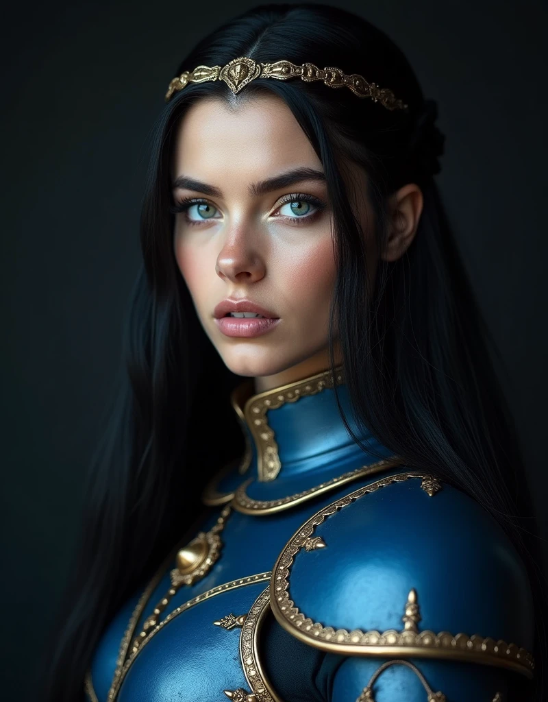 GORGEOUS VALKYRIE , WARRIOR WOMAN, BUST IMAGE STYLE, STUDIO IMAGE STYLE, BLACK INFINITE BACKGROUND, DIFFUSED LIGHTS ON FACE, BACK LIGHTS ON HAIR, VERY BLACK HAIR, CLOSE FACE SHOT, HUGE LONG HAIR, HUGE STRAIGHT LONG HAIR, BRAID HAIR STYLE, PLATINUM EYEBROWS, VERY PALE SKIN, LUMINOUS SKIN, TURCOISE BLUE EYES, LUMINOUS EYES, TOLKIEN MITHOLOGY, EXPOSED LONG TIP EARS, HIGH CHEEKBONES, ROSY CHEEKS, GORGEOUS LIPS, SOFT LIPSTICK, GORGEOUS CURVY BODY, SOFT MUSCLES, VOLUMOUS BREASTS, BLUE ARMOUR,SILVER DETAILS, FULL BODY ARMOUR, FLAT BOOTS, NECK CLEAVAGE, LONG BRACELETS, GOLD DETAILS, GOLDEN HEADBAND , ENIGMATIC FACE EXPRESSION, SIDE FACE VIEW, EYES LOOKING UP, TOLKIEN MITHOLOGY, HIGH QUALITY IMAGE, MASTERPIECE, 8K