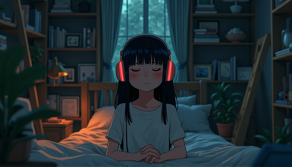 night、Girl listening to music in a cozy room, Using headphones, 2D-style animation, Lo-Fi, High resolution, Dark Environment