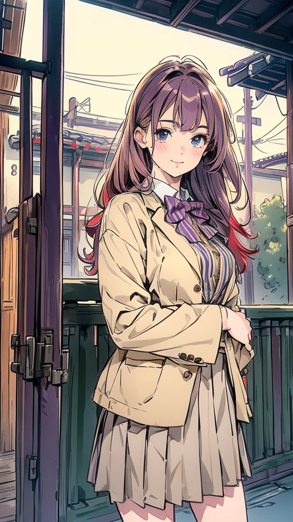 (masterpiece:1.3, Highest quality, Ultra-high resolution, Super detailed), (Realistic, photoRealistic:1.4), Beautiful illustrations, Perfect lighting, Natural light, colorful, Depth of written boundary,
View your viewers, Cowboy Shot, Front view, 1 girl, Japanese, high school girl, Perfect Face, Cute and symmetrical face, Glowing Skin,
(Long Hair:1.2, ((Both sides up:1.2)), Purple Hair), break, Emerald green eyes, (Large Breasts:0.8, Captivating thighs), thin,
Beautiful Hair, Beautiful Face, Beautiful attention to detail, Beautiful clavicle, Beautiful body, Beautiful breasts, Beautiful thighs, Beautiful feet, Beautiful fingers,
((private , Red pleated skirt with gold lines, white blouse shirt, (Beige blazer with purple stripes, Close Blazer), Red bow tie), Red hair ribbon),
(Beautiful views), evening, (Outdoor), Are standing, , (Cute smile, Upward glance, Open your mouth),
