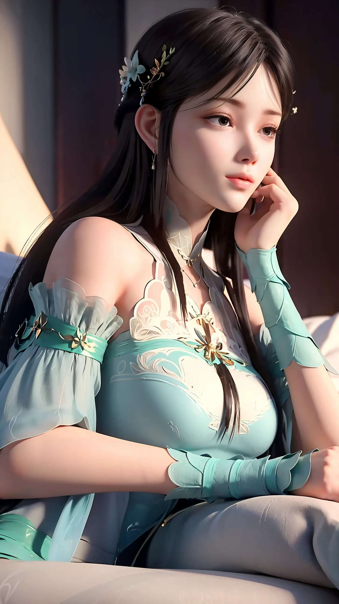一个女孩Lying in bed，Face up，Raise your legs slightly，Front view super detailed beautiful busty girl. Ultra HD, 4K, 8K, Movie，whole body，Lying down，Long legs，Very big breasts，whole body捕捉，（（（Lying in bed））），（（（whole bodyLying in bed））），big bed，Off-shoulder，Shoulder to shoulder，Lying in bed，Sleeping on the pillow，Lying down，Headrest pillows