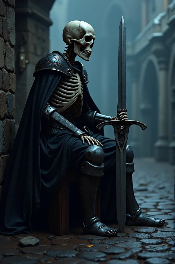 Create a medieval skeleton guard, sitting with his sword as if he was waiting for someone in the night 
