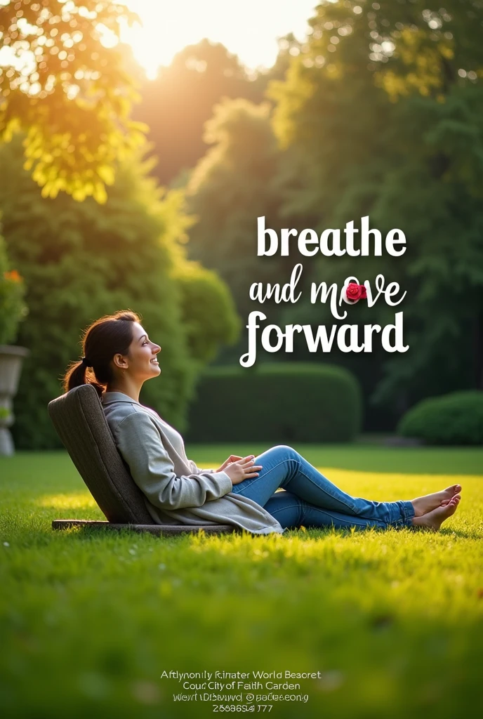 Background of a person relaxing on a lawn and in the image there are texts that say &quot;breathe and move forward&quot; and another in a corner that says &quot;City of Faith Garden&quot;, 4:00pm¨ and another that says ¨for more information at 7256-2196 or 8449-0344¨