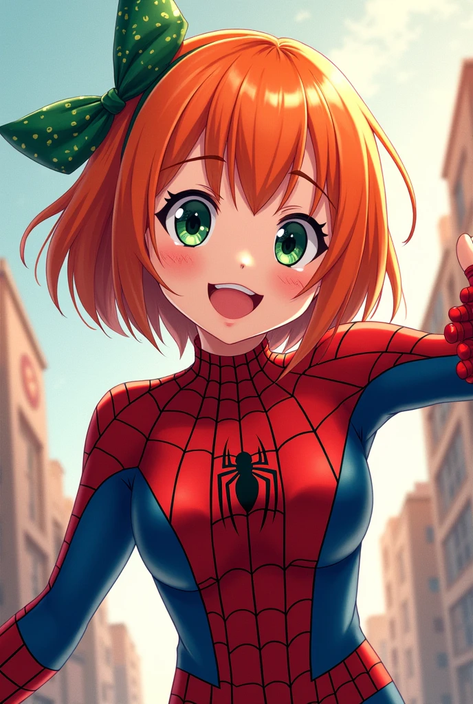 Yotsuba nakano short orange hair, green ribbon on head and blue eyes with spiderman suit
