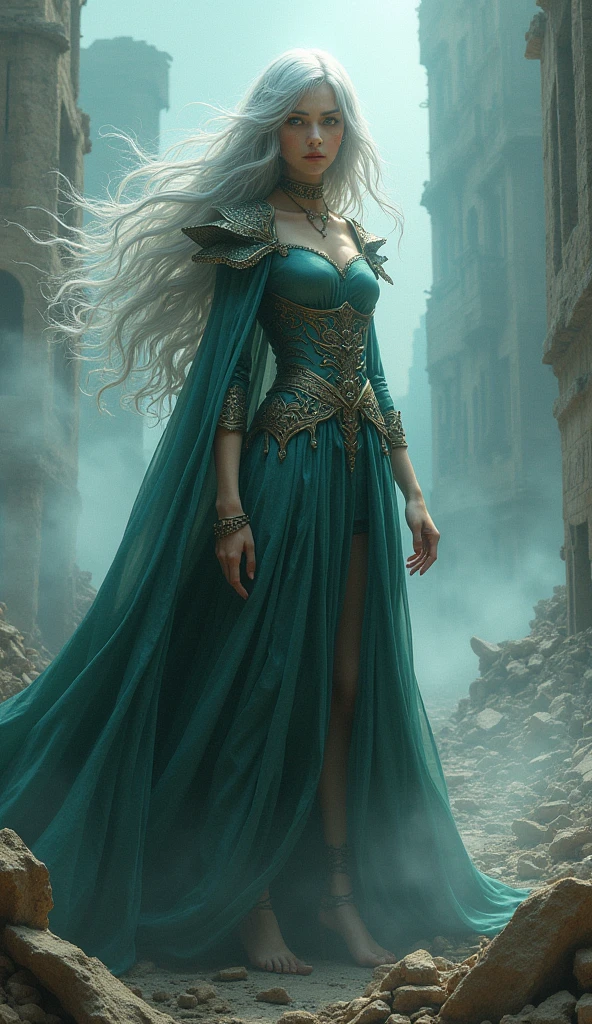 Portraiture, Long Hair, Gray Hair, Golden Eyes,  One girl, head, face, Magical girl, Absurd, masterpiece, Highest quality, Magical girl costume, ((Magical girl)), short hair, Devastation, Remains, Dynamic pose, Apocalypse, Spell casting, Style-Glass, Full Body Shot