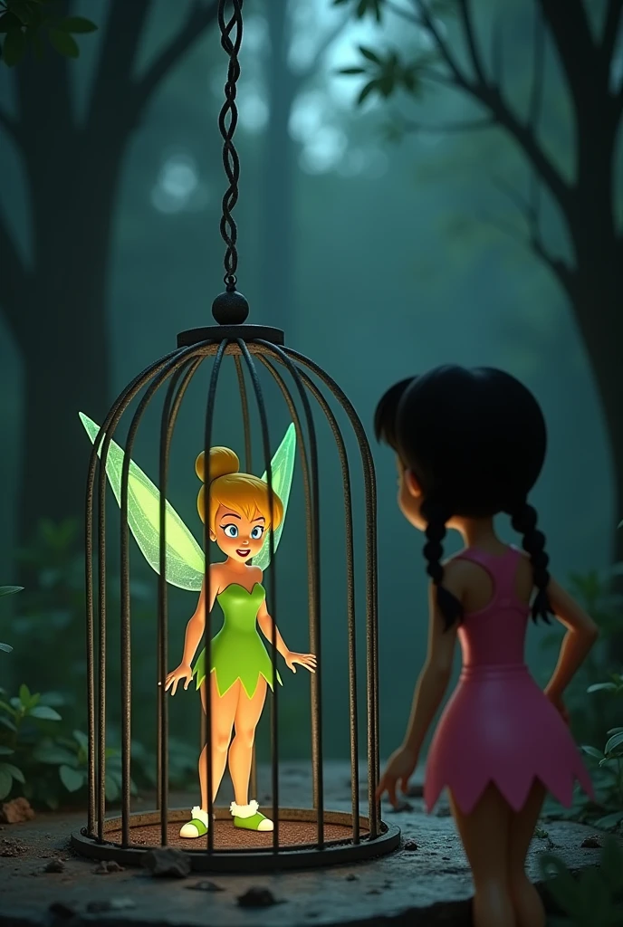 pixar image,  tinkerbell exactly like the original, green dress, but with black hair, brown skin, dark shaped eyes, trapped in a cage with fear, with a  Pixar girl looking at her from afar, behind tinkerbell , Out of the cage, with pink dress, two braids in the hair, maroon hair, dark shaped eyes, Caucasian skin,Florest dark, with tinkerbell light points bigger than the  