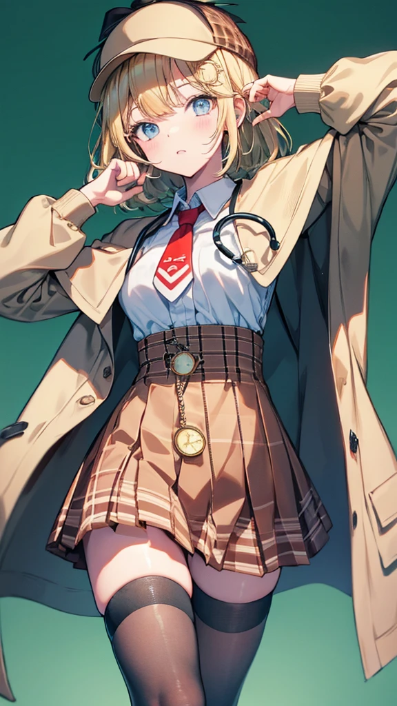 best picture quality, 8K, high quality, masterpiece:1.2), ((masterpiece)), (high detail, high quality, best picture quality), Portrait, (cute illustration:1.2), (perfectly balanced anatomy), Amelia Watson, amelia_detective, collared shirt, red necktie, plaid skirt, thighhighs, (detective accessories:0) deerstalker, brown capelet, pocket watch, stethoscope, syringe (pure green background: 1.2)
