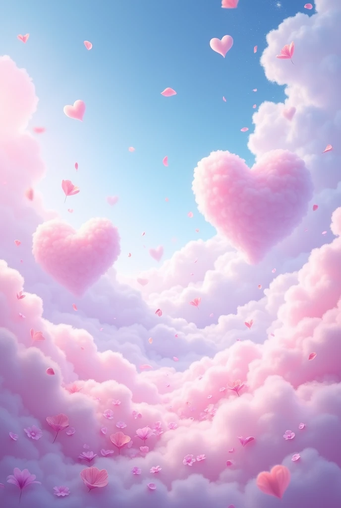 「A fantastic sky of lavender, pink and blue、Heart shaped cloud floating、Calm digital art」
- 「Heart-shaped clouds floating in a pastel-colored sky、Petals fluttering around、Dreamy landscape」4K --- Expressed like this、You can instruct the image generation AI。