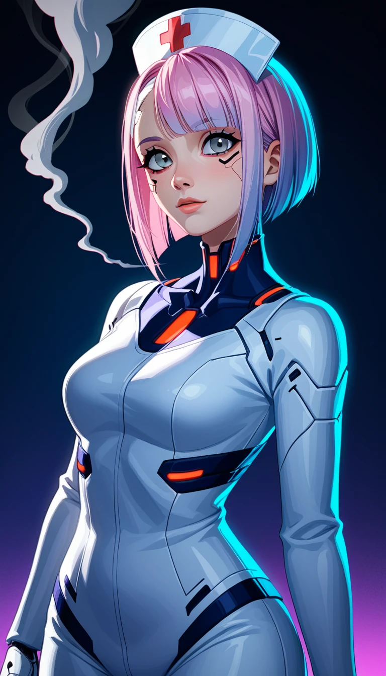 score_9, score_6_up, source_anime, [source_anthro], rating_safe, [rating_explicit],

(kpop-idol), (aegyo sal:1), Cute, Professional Lighting, photons mapping, radiosity, physics based rendering , lucy \(The cyberpunk\), bob cuts, mechanical parts, Grey eyes, short soft pink hair, wearing white nurse cap and white Tight Suit with purple blue gradient essence, cyberpunk city, white pants, natta, neon lit, Sexy, smoke, looking up at viewer, realistic, clear background, Medium , Body