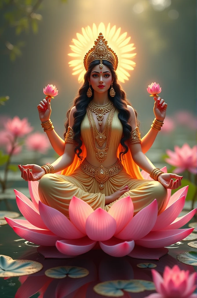 A picture of indian goddess mahalaxmi sitting on lotus other lotus surrounding..,