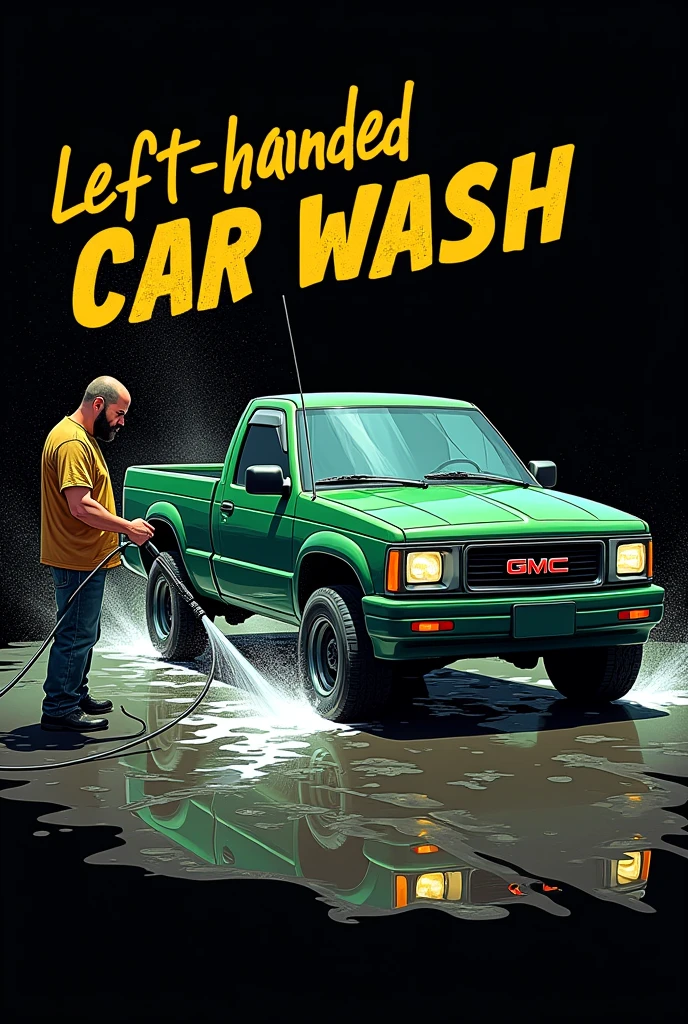 Draw a 2D image. The background color is black and inside there is a person with a short black beard and a pressure washer spraying water on a green 1993 GMC Jimmy double cab with black rims.. that the truck is soaped. That says on the top “left-handed car wash”