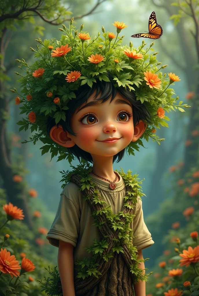 A boy with a head made of trees ,smiling