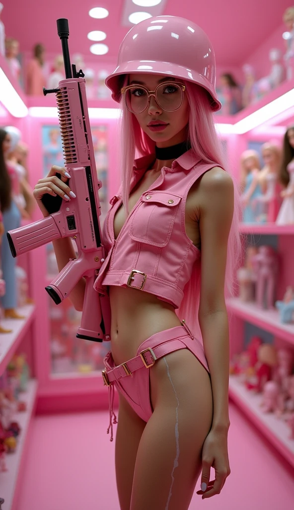 tockings), 2# croped picture, perfect picture, stunning, in a pink toy store with lots of toys and Barbiedolls in the background, barbie dolls in the room, colors White Pink Gold,Extreme anorexic skinny russian photomodel ,((Dasha Taran)), with skinny anorexic slim long legs with gap between legs, (super long skinny legs: 1.9), (skinny anorexic body: 1.7), super long messy pink_hair, (Pink Hair) seductive cute sexy face, looking very young cute, (black slave choker), (stream of sticky white translucent liquid shooting down here mouth splattering on lenses of glasses), Cum on face, cum on glasses, Cum on here hair, spattered in cum, (Pink military armor vest with AR magazines), (Pink military helmet), ((shooting an PINK AR15 weapon at a man who is reunning away)), ( Pink AR-15 carbine), (Pink Assult weapon AR15), (long black shiny latex lace stockings)hard nipples, small nipples, Black tight shiny transparent latex very extreme high cut one piece swimsuit in a minimalist design ,((tight trensperant latex)), (over the hip tight extreme high_cut swimsuit), extreme mini transparent Black pink swimsuit , (man is scared and running away from here,