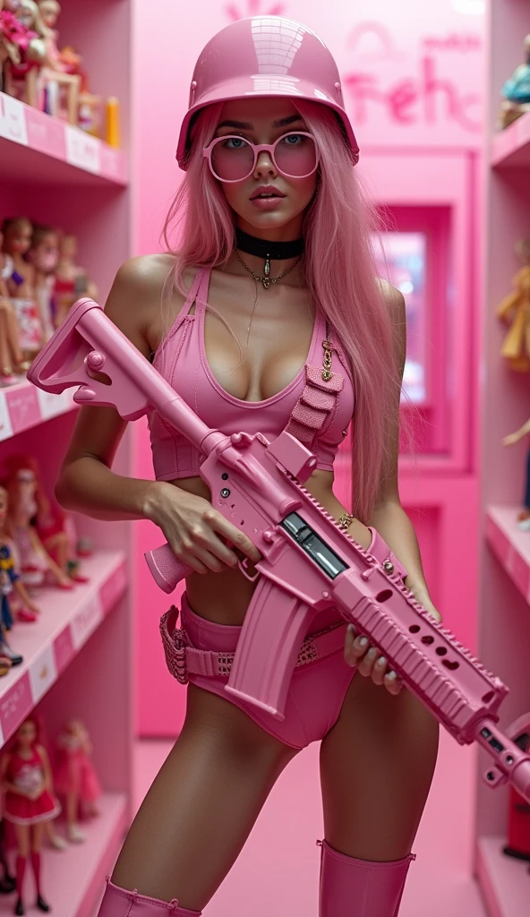tockings), 2# croped picture, perfect picture, stunning, in a pink toy store with lots of toys and Barbiedolls in the background, barbie dolls in the room, colors White Pink Gold,Extreme anorexic skinny russian photomodel ,((Dasha Taran)), with skinny anorexic slim long legs with gap between legs, (super long skinny legs: 1.9), (skinny anorexic body: 1.7), super long messy pink_hair, (Pink Hair) seductive cute sexy face, looking very young cute, (black slave choker), (stream of sticky white translucent liquid shooting down here mouth splattering on lenses of glasses), Cum on face, cum on glasses, Cum on here hair, spattered in cum, (Pink military armor vest with AR magazines), (Pink military helmet), ((shooting an PINK AR15 weapon at a man who is reunning away)), ( Pink AR-15 carbine), (Pink Assult weapon AR15), (long black shiny latex lace stockings)hard nipples, small nipples, Black tight shiny transparent latex very extreme high cut one piece swimsuit in a minimalist design ,((tight trensperant latex)), (over the hip tight extreme high_cut swimsuit), extreme mini transparent Black pink swimsuit , (man is scared and running away from here,