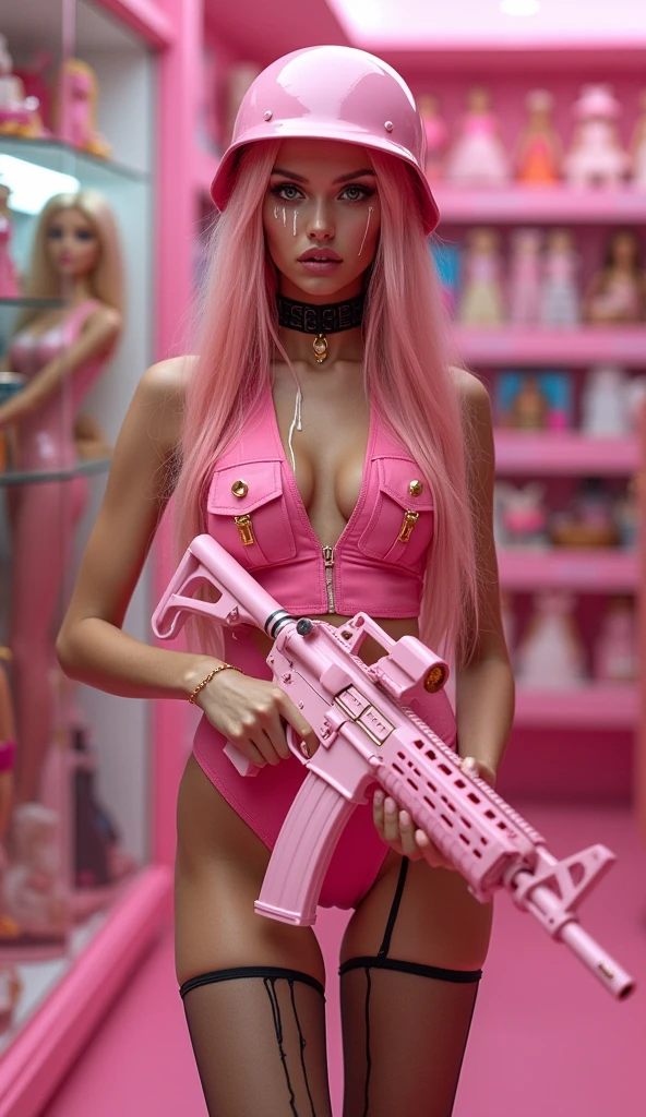 tockings), 2# croped picture, perfect picture, stunning, in a pink toy store with lots of toys and Barbiedolls in the background, barbie dolls in the room, colors White Pink Gold,Extreme anorexic skinny russian photomodel ,((Dasha Taran)), with skinny anorexic slim long legs with gap between legs, (super long skinny legs: 1.9), (skinny anorexic body: 1.7), super long messy pink_hair, (Pink Hair) seductive cute sexy face, looking very young cute, (black slave choker), (stream of sticky white translucent liquid shooting down here mouth splattering on lenses of glasses), Cum on face, cum on glasses, Cum on here hair, spattered in cum, (Pink military armor vest with AR magazines), (Pink military helmet), ((shooting an PINK AR15 weapon at a man who is reunning away)), ( Pink AR-15 carbine), (Pink Assult weapon AR15), (long black shiny latex lace stockings)hard nipples, small nipples, Black tight shiny transparent latex very extreme high cut one piece swimsuit in a minimalist design ,((tight trensperant latex)), (over the hip tight extreme high_cut swimsuit), extreme mini transparent Black pink swimsuit , (man is scared and running away from here,