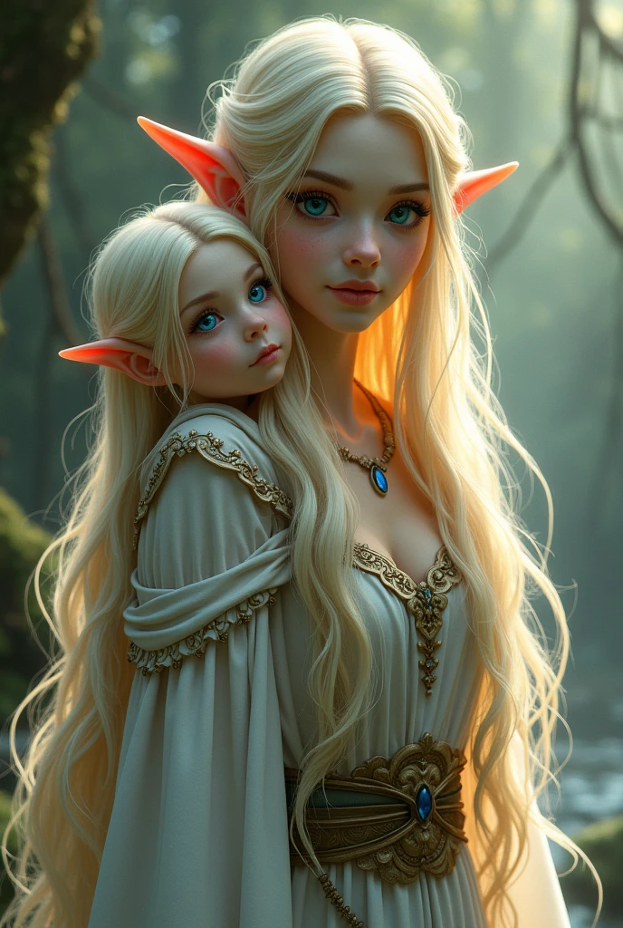 Two female people, of the fictional elf race. The oldest with an apparent age of 20 years, blue colored eyes, long blond hair and next to her younger sister who appears to be a child.