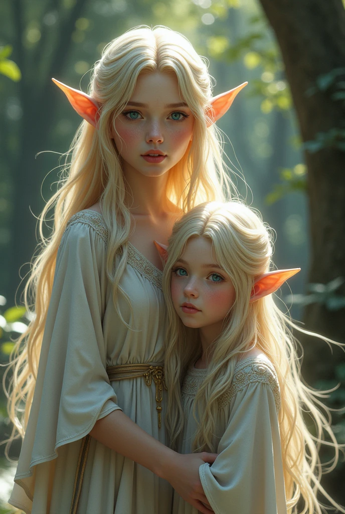 Two female people, of the fictional elf race. The oldest with an apparent age of 20 years, blue colored eyes, long blond hair and next to her younger sister who appears to be a child.