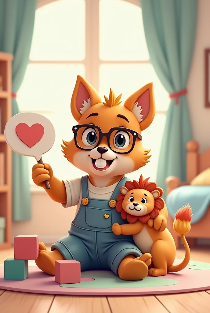 Male canine furry with attractive physique, with glasses and a sweatshirt, posing for a front photo, with 2D drawing style, with pastel colors and overalls over her sweatshirt with a pacifier in her mouth and a text bubble containing a heart next to her, with a stuffed lion in his hands in a position that shows he is offering it to you, sitting next to a castle made of blocks, with a background of a child's room full of toys and a bed in the background, on a pastel colored puzzle mat.