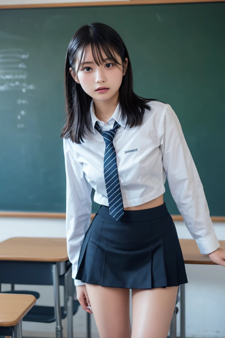 Browsing Caution,Highest quality,Ultra-high resolution,1 person,whole body,Black Hair, Cool look,Looking into the camera,Beautiful and elaborate face,Fine and beautiful skin,Skin Texture,high school student,uniform, tie,Small breasts,Checked mini skirt,Classroom after school,Standing pose