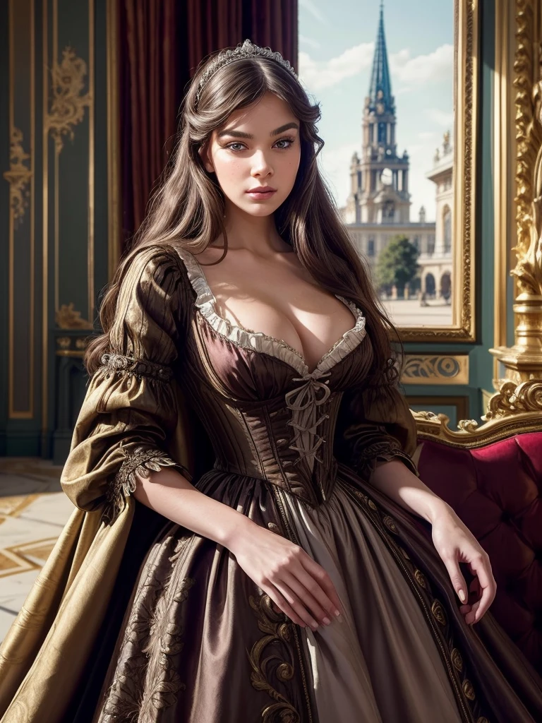 woman, 18th century French satin dress, cleavage, Merveilleuses, RococoStyle, brown eyes, long glamorous hair, sharp focus, lady in waiting, high detail, real hands, perfect lighting, Sacque, Sack Gown, Palace of Versailles background, Napoleonic era, photorealism, dark brown eyes, posing towards the viewer