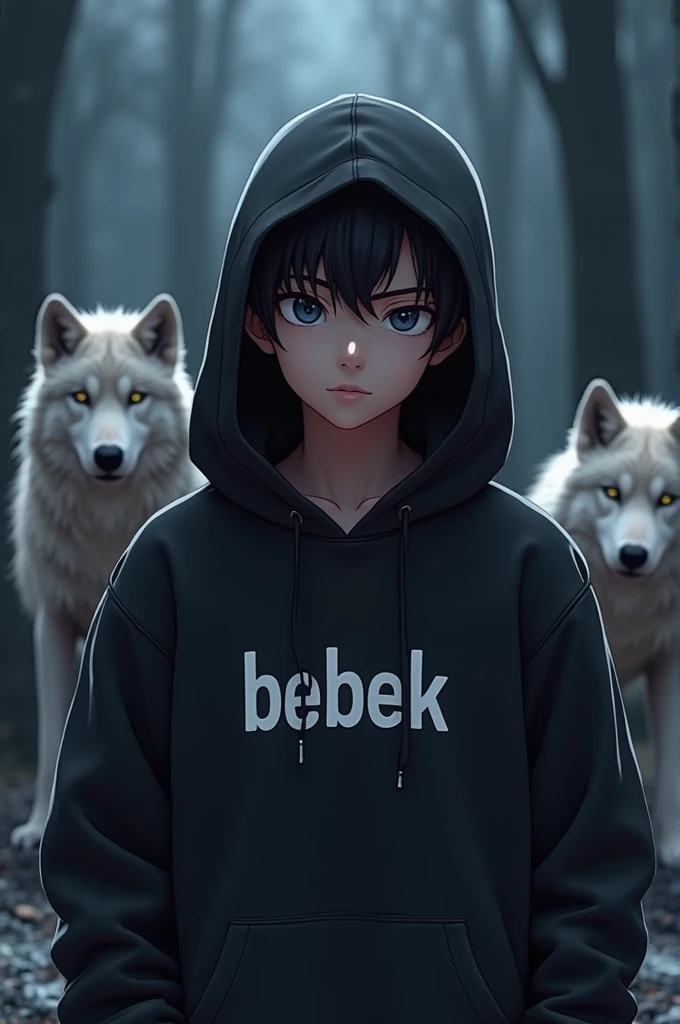 a man3d anime wear hoodie black pop up name "bebek"handsome with wolf background night