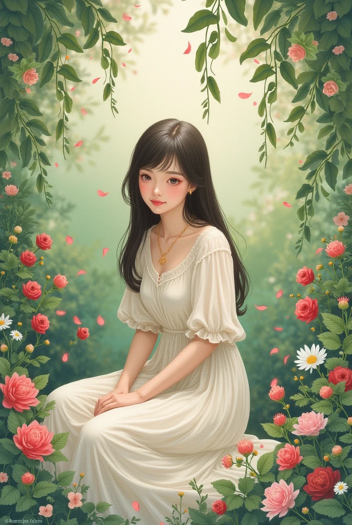 Femme en dessin qui est assise seule dans les fleurs
