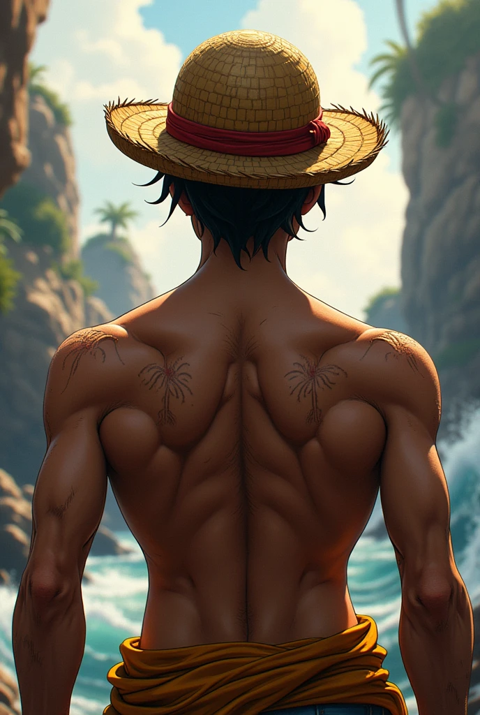 one piece、Luffy、Back view、Pirate King、Straw hat、High resolution, Textured skin, Ultra high definition, Very detailed, Retina, 高quality, quality, High-resolution model, detail, Damaged, Winner of numerous awards, 最高quality, accurate, High resolution, masterpiece,