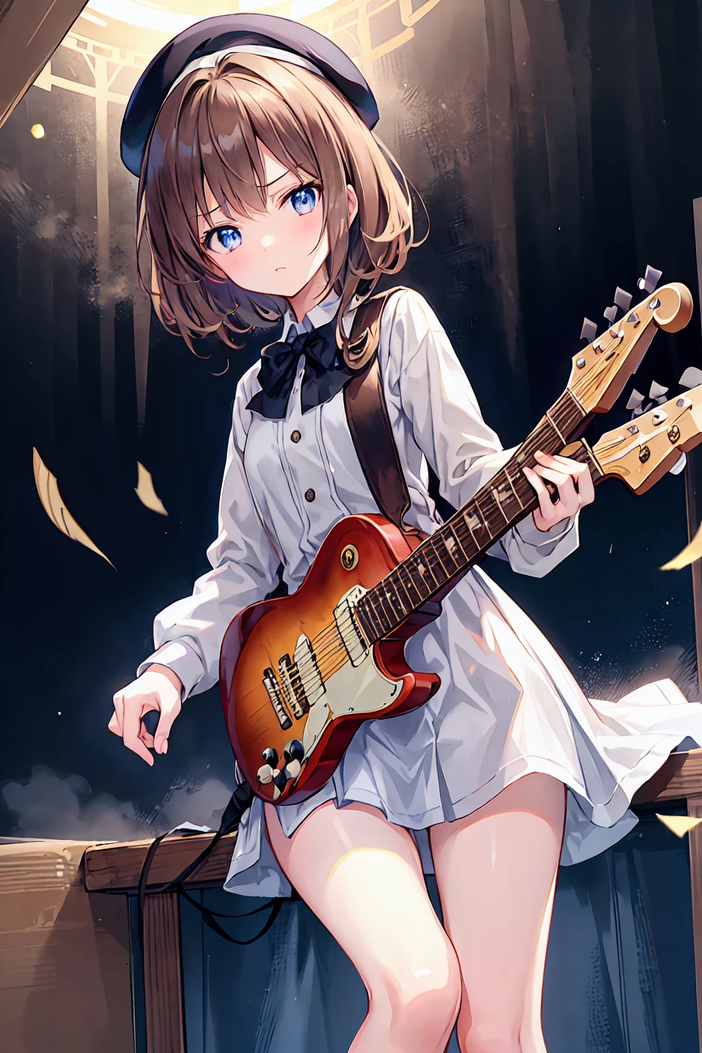 Brown Hair，Shortcuts，Messy Hair，Slender beauty，A dignified posture，Small chest，Beautiful feet，Her captivating grey-blue eyes shine like stars，，Highest quality、masterpiece、Anime Girls、Brass band club、((guitar))、Serious face、，shout，whole body，Legs spread wide、beret，live house，Spectators