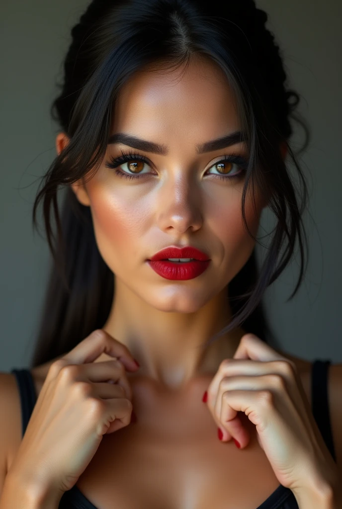 close-up, extreme close-up, close-up portrait, portrait, close-up on her lips, ultra realistic, photography, long black straight hair in a ponytail, elegant perfect hair, (30 years old, hazel eyes, hourglass figure, perfect fit body, natural big breasts), firtatious look, crimson red lipstick, femme fatale, she is a sex icon, she is a sex goddess, long eyelashes, cat-eye make-up, she is completely nude, she is completely naked, focus on her lips, highlight her lips, she has her hands on her neck and her head slightly leans backwards, her eyes focus the camera and her lips are slightly parted,