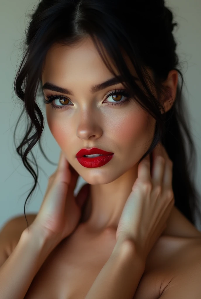 close-up, extreme close-up, close-up portrait, portrait, close-up on her lips, ultra realistic, photography, long black straight hair in a ponytail, elegant perfect hair, (30 years old, hazel eyes, hourglass figure, perfect fit body, natural big breasts), firtatious look, crimson red lipstick, femme fatale, she is a sex icon, she is a sex goddess, long eyelashes, cat-eye make-up, she is completely nude, she is completely naked, focus on her lips, highlight her lips, she has her hands on her neck and her head slightly leans backwards, her eyes focus the camera and her lips are slightly parted,
