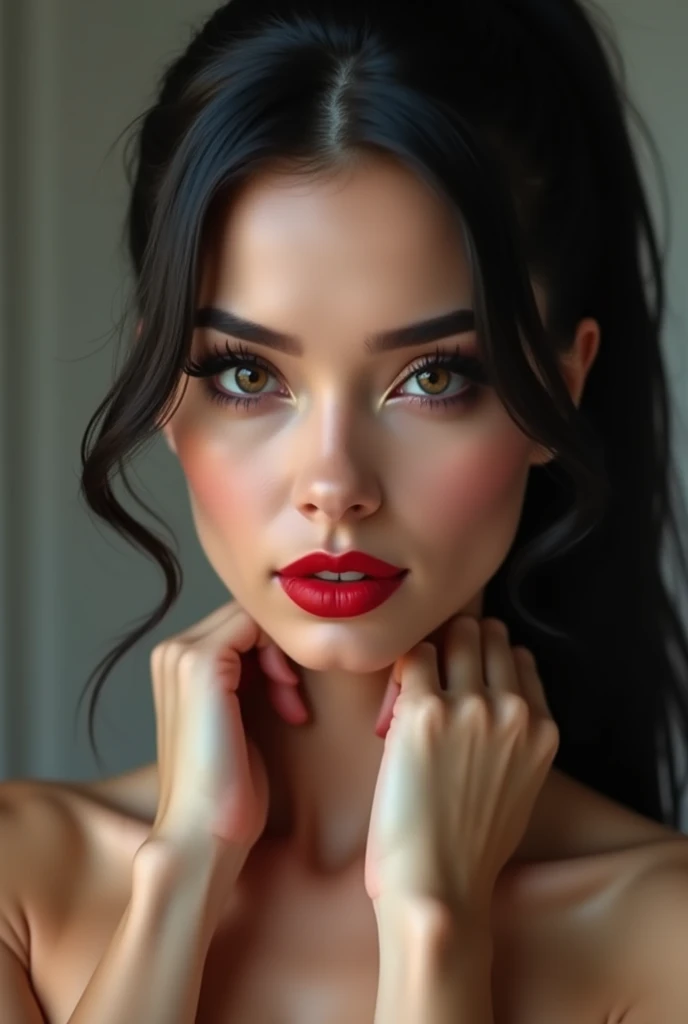 close-up, extreme close-up, close-up portrait, portrait, close-up on her lips, ultra realistic, photography, long black straight hair in a ponytail, elegant perfect hair, (30 years old, hazel eyes, hourglass figure, perfect fit body, natural big breasts), firtatious look, crimson red lipstick, femme fatale, she is a sex icon, she is a sex goddess, long eyelashes, cat-eye make-up, she is completely nude, she is completely naked, focus on her lips, highlight her lips, she has her hands on her neck and her head slightly leans backwards, her eyes focus the camera and her lips are slightly parted,
