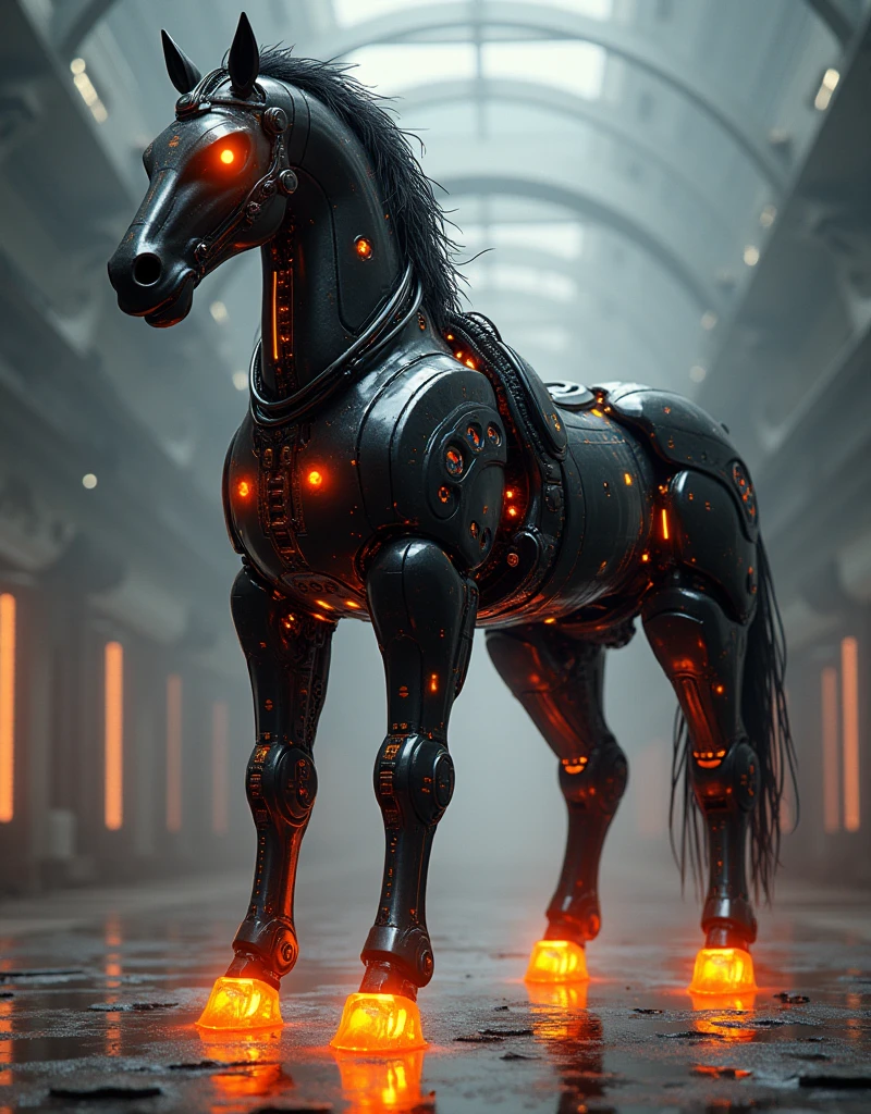 a photo of a mecha robo centaur, base on mythological Centaur, digital art, highly detailed, photorealistic, cinematic lighting, intricate machinery, gleaming black metal and orange neon light, glowing energy, dynamic pose, epic scale, futuristic, science fiction