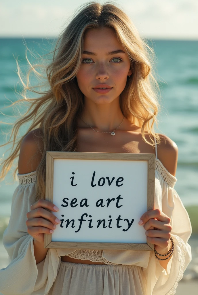 Beautiful girl with wavy long hair, bohemian dress, holding a white board with text "I Love Seaart Infinity" and showing it to the viewer