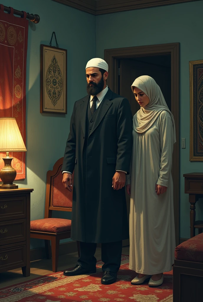 A muslim husband doubts his wife in home.