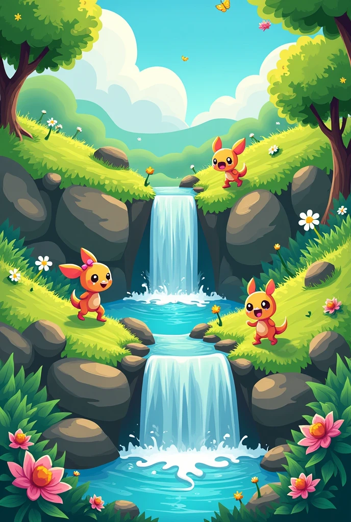 Pura grass park ho Cartoon ke liye water fall background