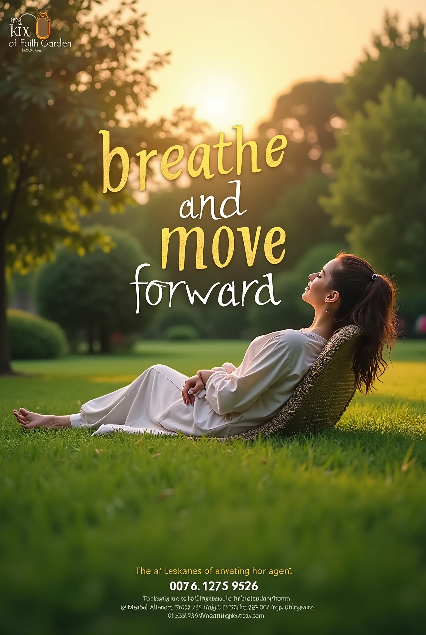 Background of a person relaxing on a lawn and in the image there are texts that say &quot;breathe and move forward&quot; and another in a corner that says &quot;City of Faith Garden&quot;, 4:00pm¨ and another that says ¨for more information at 7256-2196 or 8449-0344¨