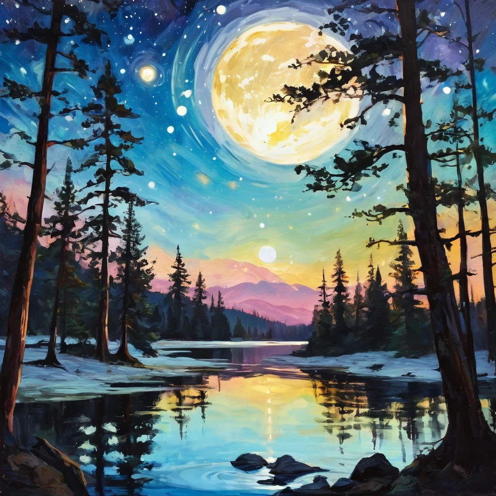 a painting of a lake with a full moon and trees, a fine art painting by Dan Mumford, tumblr, space art, magical sparkling lake, painting by dan mumford, dan mumford and albert bierstadt, dan mumford paint, glowing reflections, in the style dan mumford artwork, dan mumford and thomas kinkade, el bosco and dan mumford
